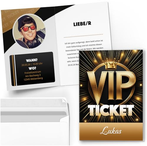10 Einladungskarten Kindergeburtstag personalisiert mit Text und Foto | VIP Ticket Gold Look | Kinder Geburtstag Einladung individuell anpassbar mit Umschlägen