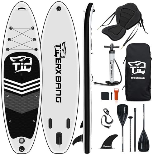 TIGERXBANG Black Tiger Collection Aufblasbares Stand Up Paddle Board SUP Board mit Kajaksitz Doppelblattpaddel |320x82x15cm| für Erwachsene/Kinder| ISUP Paddleboarding Komplettpaket