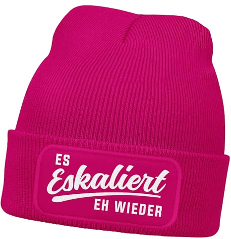 MoonWorks® Damen Beanie mit Patch Strickmütze mit Spruch Party Eskaliert eh Wieder Aufdruck Lustig Damenmütze