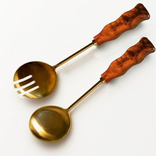 Folkulture Salad Servers or Salad Hands | Brown (12 X 3) Metal with Resin Salad Tongs for Serving or Serving Spoons | Tongs for Serving Pasta or Fruit or Salads | Stainless Steel Salad Forks | Brown Metal with Resin Salad Tongs for Fall Table Decor, Stainless Steel Salad Forks, Serving Spoons, Tongs for Serving Pasta