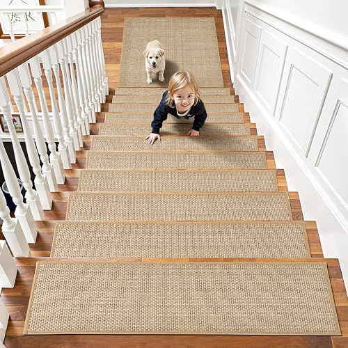 Chenille Stair Treads Non Slip 15pcs Stair Runner for Wooden Steps Rubber Backing Stairs Carpet Treads Indoor Staircase Covers Stair Mat for Pets and Kids 8X30 Beige