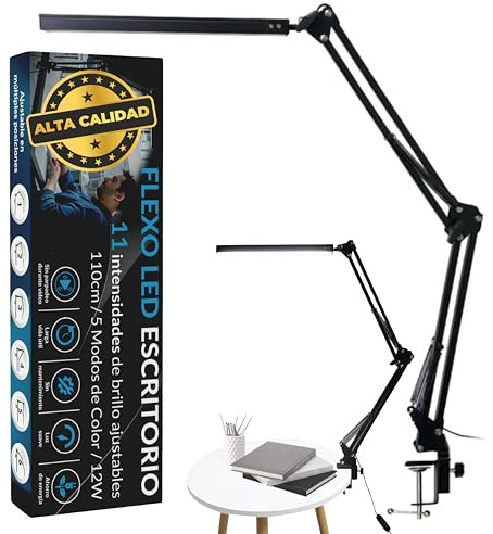 PRIME ESSENTIALS® Lampara Escritorio I Flexo LED | 110Cm 5 Modos de Color 12W | Función de Memoria I 11 Niveles de Brillo 1300 LM | Para Oficina Estudiar Salon | Candeeiro de Mesa I Color Negro.