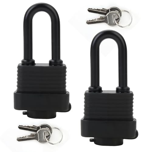 Padlocks with Keys Outdoor, 2 Pack 30mm Weatherproof Heavy Duty Long Shackle Pad Locks Laminated Steel with Waterproof Cover Anticut for Shed Garden Garage Gate Fence Marine Yard School Safety