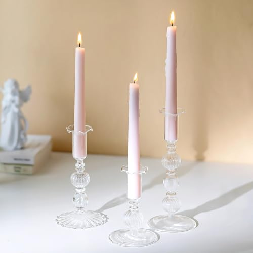 Glasseam Candle Sticks Holder Glass: Set of 3 Candlestick Holders Bubble Taper Candle Holder for Home Decor Living Room Table Dinner Decorations