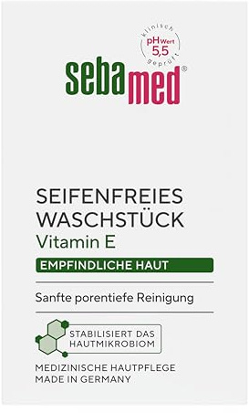 Sebamed seifenfreies Waschstück 50 g, in praktischer Reisegröße für unterwegs, mit Vitamin E, für die seifenfreie Reinigung empfindlicher Haut, zur Hand-, Gesichts- und Körperreinigung geeignet
