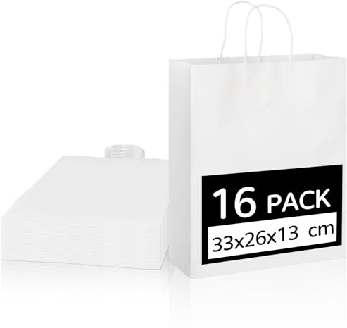 16-pack stor papperspåse, vitt kraftpapper, festpåsar, tjocka presentpåsar med handtag – perfekt för barnfester, födelsedagar, babyshower (33 x 26 x 13 cm)
