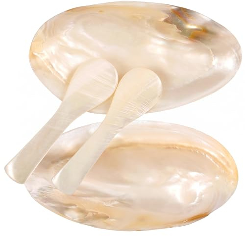 Mother of Pearl Caviar Serving Set - 2 Shell Dishes & 2 Matching Spoons, Elegant Natural Shell Server for Caviar, Appetizers, Desserts and Eggs, White