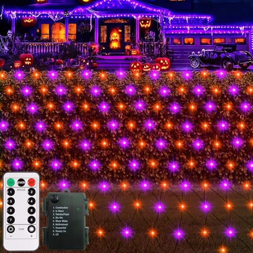 CCILAND 1.5M x 1.5M Halloween Net Lights Battery Operated, 100 LED Purple Orange Net Lights Outdoor with Remote 8 Modes Timer Black Wire Mesh String Lights for Bush Garden Fence Patio Decor