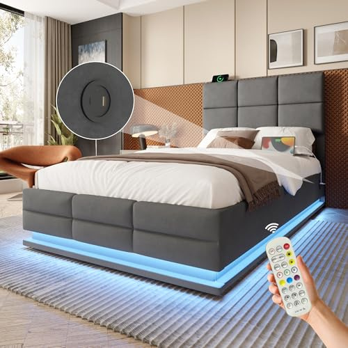 OKimmy Polsterbett Doppelbett 90x200cm, mit LED-Beleuchtung, Zweiseitige USB/Type-C-Ladefunktion, hydraulischem Stauraum, Bettgestell mit verstellbarem Kopfteil, mit Lattenrost Ohne Matratze, Grau