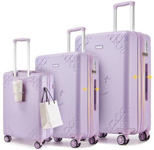 Sea choice Set de 3 Valises de Voyage Extensible Valise Léger avec 4 Roues 360° Silencieuses Grande Capacité Frein Antichoc Motif Lune Étoile et Porte-gobelet Poignée Réglable