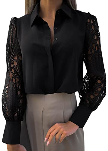 Camicia da donna a maniche lunghe, con scollo a V, in pizzo, tinta unita, a maniche lunghe, morbida, elegante, elegante