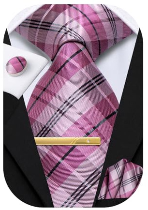 Hi-Tie Men's Silk Ties Pink Plaid Woven Formal Necktie Pocket Square Cufflinks Clip Set for Wedding Business