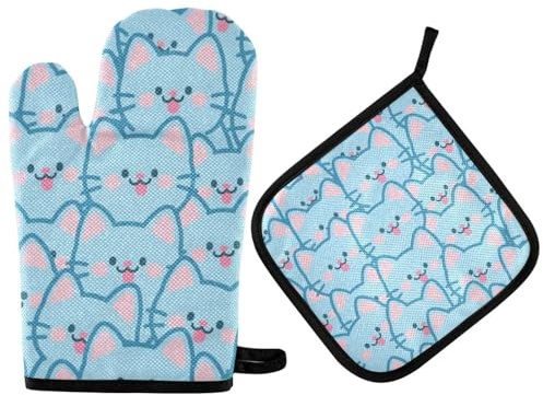 Set di guanti decorativi blu e presina a forma di gatto con simpatico cartone animato, guanti da cucina resistenti al calore, 2 pezzi per cucinare in forno