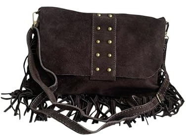 Borsa a tracolla con frange e borchie in camoscio italiano. Cinturino regolabile e intercambiabile. Chiusura con cerniera. Interno foderato con tasca integrata., Marrone cioccolata, M
