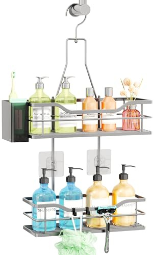 SWTYMIKI Edelstahl Duschablage zum Hängen - mit 360° rotierendem Haken | 2-Tier Duschregal zum Hängen, rostfreiem Duschregal Hängend Organizer Hängend für Shampoo, Conditioner, Toilettenartikel