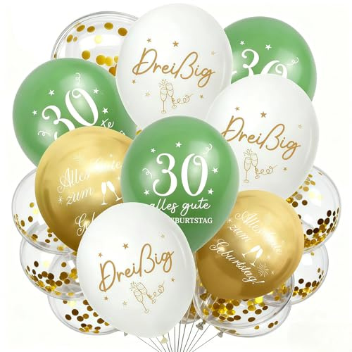 Luftballons 30 Geburtstag Deko, 30 Stück 12 Zoll Ballons für 30. Geburtstags Junge Mädchen, Grün Weiß Gold und Konfetti Ballons Für Frauen & Männer 18th Birthday Party