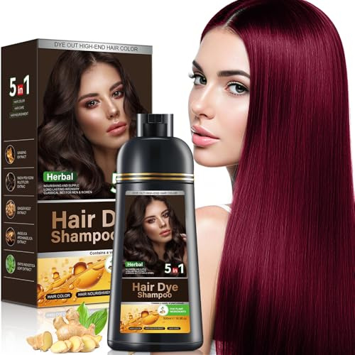 Shampooing colorant 5 en 1 pour couvrir les cheveux gris, shampooing naturel à base de plantes, colorant capillaire pour femmes et hommes/sans ammoniaque 500 ml (Wine Red)