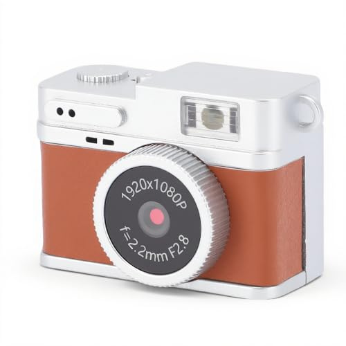 YUEHISY Mini Keychain Camera, FHD 1080P 2MP Tiny Retro Digital Camera with 32GB Card, 0.96 Display, 4 Filters, LED Flash, for Travel Birthday (Brown)