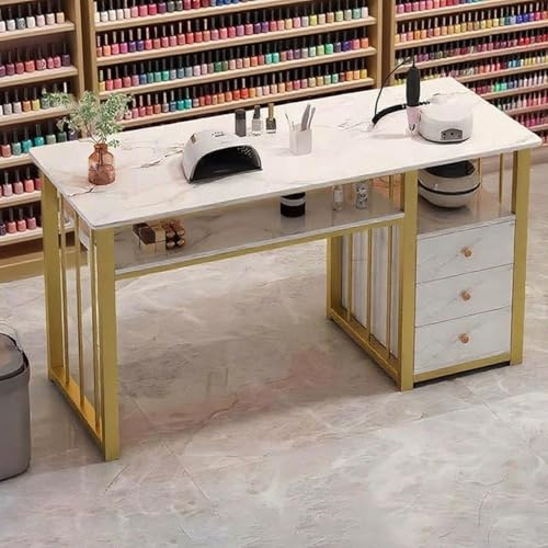 Doppellagige Marmor-Make-up-Station mit Schublade, professioneller Nageltechniker-Werkbank, Maniküretisch (Größen:100/120/140 cm) 120 cm Modell