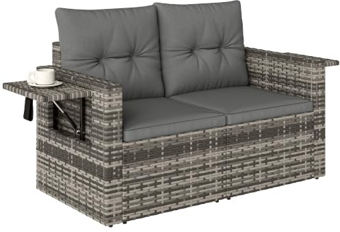 Outsunny Gartensofa 2-Sitzer Rattansofa mit Kissen Klappbar, Hellgrau | Seitentabletts, Loungesofa Sitzgruppe, Wetterfest Couch, für Garten Terrasse Balkon, Poly Rattan