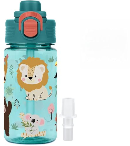 Gourde Enfant avec Paille 380ml, Bec à Morsure - Animal de la Jungle | Anti-Fuite Bouteille D'eau pour Filles Garçons Enfant avec Verrouillage Sécurisé, sans BPA pour l'école et Sport