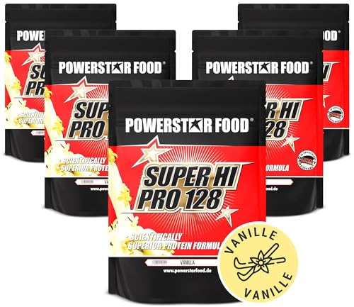 Powerstar SUPER HI PRO 128 Vanilla 5x1000g - Mehrkomponenten Protein-Pulver | Höchstmögliche Wertigkeit - Eiweißpulver mit 80% Protein i.Tr. - Protein-Shake für Sportler Vanille-Geschmack