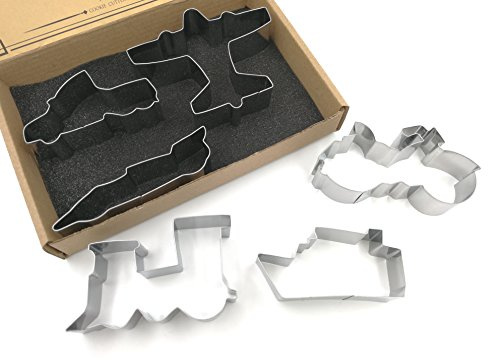 JOKUMO Transporter/Fahrzeug Keks Ausstechformen Set - 6 Stück, hochgradiger 430 Edelstahl -Truck, Rennwagen, Zug, Flugzeug, Motorrad und Fähre