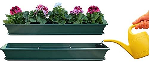 Hossi's Wholesale Blumenkasten 100 cm mit Bewässerungssystem & Untersetzer Grün - Balkonkasten Pflanzkasten Kunststoff UV-beständig Wetterfest für Balkon Terrasse Garten Fensterbank