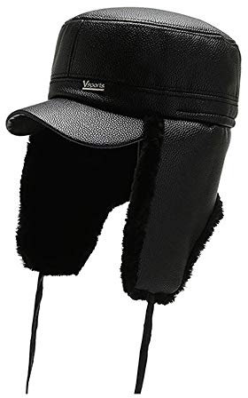 CHERISH Winter Trooper Trappermütze PU Leder Warme Mütze mit Ohrenklappen Skimütze Cap Winddicht Schneehut, Schwarz , One size