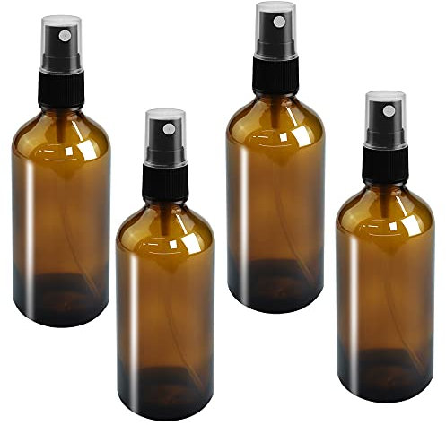 GIRAFEDA 4PCS Amber Glass Spray Bottles - 100ml Amber & Brown Glass Spray Bottle Set with Atomizer Pumps for Essential Oils, Perfumes, Water