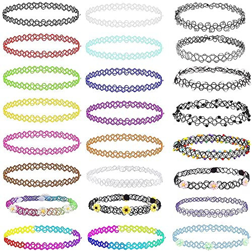 Cosswe Elastische Halskette, 24 Stück Tattoo Halskette, Halsband Halskette, Kette Rainbow Armband, Tattoo Kette Set für Frauen Mädchen Teen Kinder