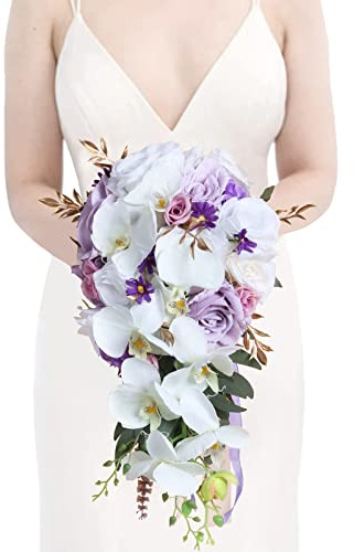 INSUNSIX Bridal Bouquets for Bride, 11 Inch Artificial Flowers Bridal Bouquet Cascading Wedding Bouquets for Bride for Wedding Ceremony and Anniversary(White Purple)