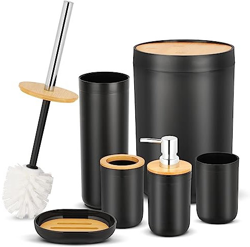 Worephu Bathroom Accessory Set, 6pc Plastic Bathroom Accessories with Trash Can, Toothbrush Holder, Plastic Cup, Soap Dish, Lotion Dispenser, Toilet Brush & Toilet Brush Holder