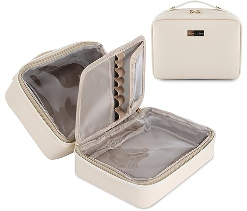 HERYEBING Kosmetiktasche Groß Reise Make up Tasche | Leder Wasserdicht Schminktasche mit Make-up Pinsel Fächern | Kulturtasche für Damen/Mädchen mit Griff | Kosmetikkoffer Travel Essentials(Weiß)