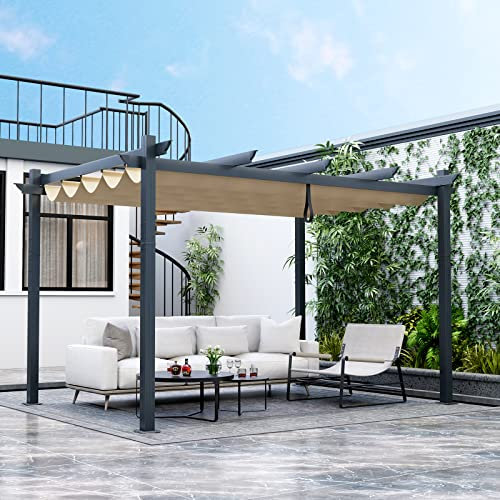 COSTWAY 3 X 3M/3 X 4M Metal Pergola with Retractable Roof, Large Garden Pergola with Sun Shade Canopy, Outdoor Grape Trellis Gazebo for Patio Party BBQ (Beige, 3 X 4M, Normal Type)