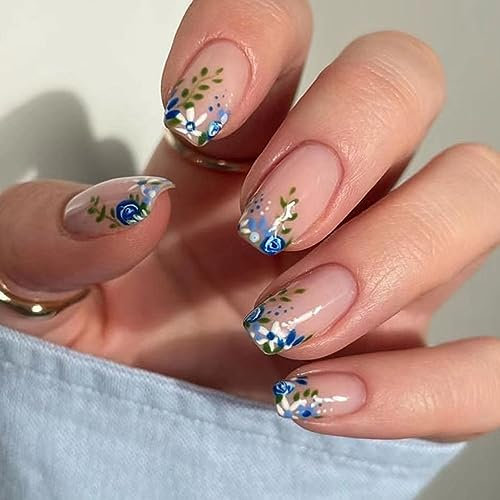 NICENEEDED Short Blue Flower Press on Nails, French Floral Leaf Square Glossy Acrylic Nails Stick on Nails, Spring Summer Nude Full Cover False Nails with Jelly Glue for DIY Nail