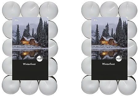 Lumini profumati 2 x 30 pezzi (60 lumini da tè) – Durata della combustione: 4,5 ore, senza fuliggine – per portacandele – portacandele – Natale, decorazione, matrimonio, gastro (bianco – profumo: gelo