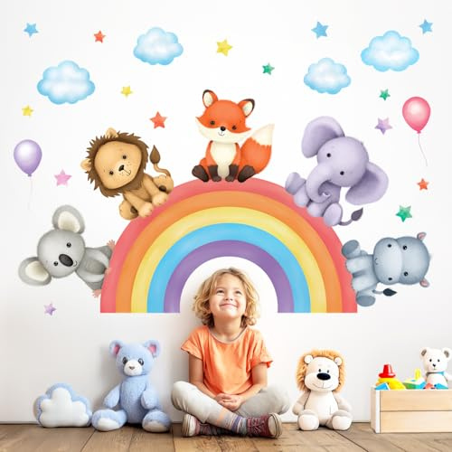 DECOWALL SG3-2318 Regenbogen Kinderzimmer Wandtattoo (146x100cm) Tiere Sterne Wandsticker Selbstklebend Wandtattoo, Wandaufkleber, Wanddeko für Kinder Babyzimmer Deko