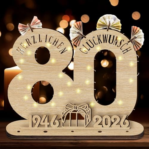 Idota 2026 80 Geburtstag Deko Holz-Schild mit LED Gästebuch, Geschenke zum 80 Geburtstag Mann, 80 Geburtstag Geschenke Frauen Deko, 80 Geburtstag Mann Geschenk, Personalisierbares Geschenk