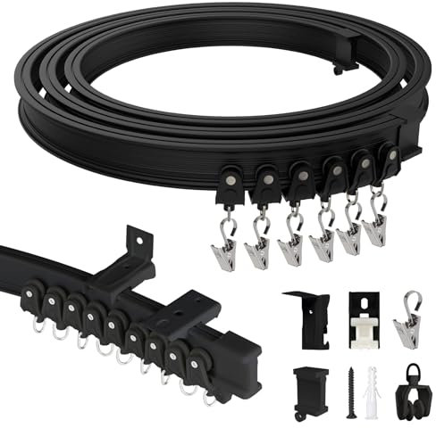 EFUTURETIME 3M Cortina Riel Flexible para Techo y Pared, Riel Cortina Camper de ABS con Poleas Silenciosas para Separación de Habitaciones, Cortinas, Ventanas, Hotel, Negro