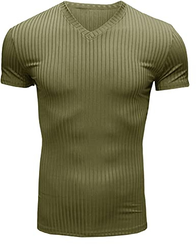 Herr v-ringad randig kortärmad casual muskel fitness sport t-shirt lätt veke smal T-shirt - tröja, Militärgrön, S
