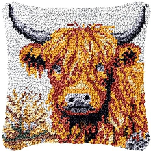 Taxpy DIY Knüpfkissen Zum Selber Knüpfen Set, Knüpfhaken-Set Kissenbezug Knüpfteppiche Set Kissen Knüpfen Latch Hook Kit Für Kinder Und Erwachsene,43x43cm(Tier Kuh,L)