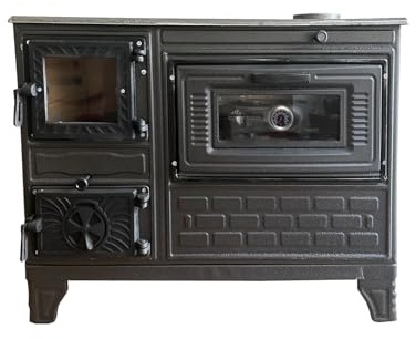 Cast Iron Heater with Oven Section and Thermometer Brick Coated Fireplace Made in Turkiye (Black with Window)
