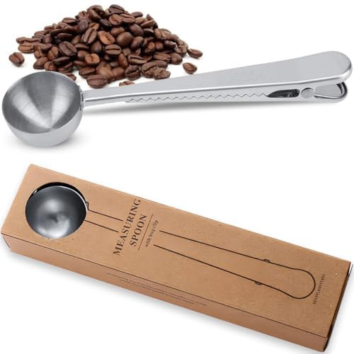 BLPRKOT Kaffeelöffel Portionierer mit Verschlussklemme, Kaffee-Dosierlöffel, 15g Dosierlöffel, Kaffeelot, Kaffeeportionierer, Edelstahl Kaffeelöffel 17.5CM Kaffee Messlöffel Mit Langem Griff (Silber