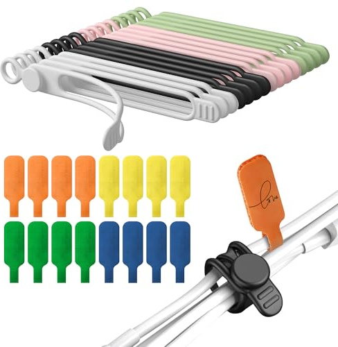 Nearockle 32 Stück Silikon Kabelbinder Wiederverschließbar und Nylon Kabeletiketten, Kabelbinder mit Beschriftungsfeld Kabelmarkierung, Ladekabel, Kopfhörerkabel, Büro, Schreibtisch (Mehrfarbig)