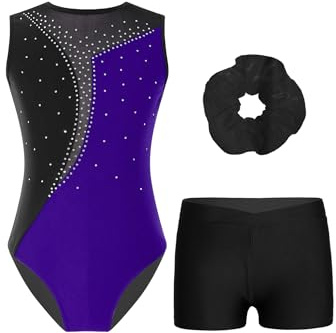 Nyeemya 3tlg Kinder Glitzer Turnanzug Mädchen Ärmellos Ballettanzug Mit Shorts Kurze Hose Und Stirnband Tanzbekleidung