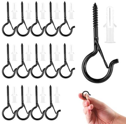 cxxtkcxxlc 15 Ganci Avvitabili Nero, Ganci a Vite per Legno in Acciaio Inox con Fibbia di Sicurezza, Ganci a Vite per Piante, Casette per Uccelli, Campanelli Eolici e Lucine