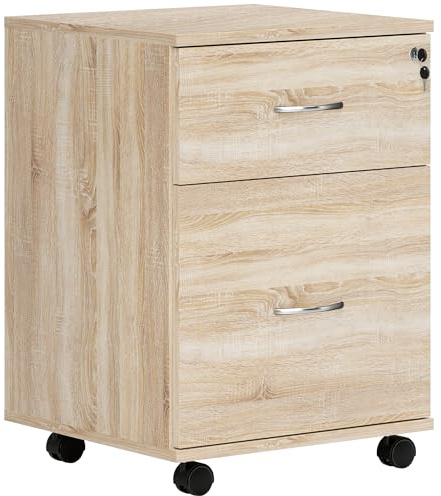 HOMCOM 2 Drawer Lockable Filing Cabinet with Wheels, Mobile Filing Cabinet for Home Office, Small Printer Stand, Oak Wood Grain