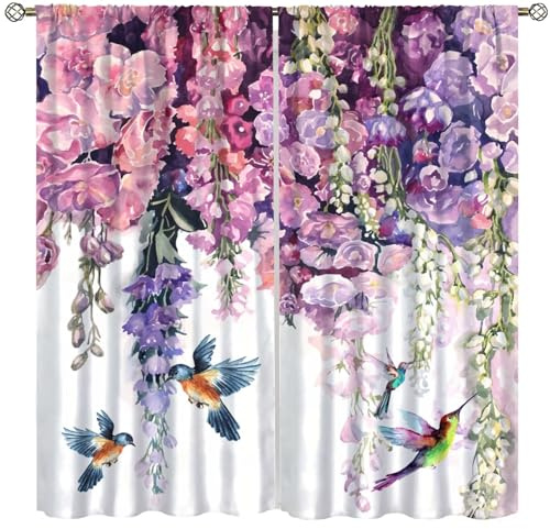 Fblifil Wisteria Floral Birds Spring Curtain Lilac Weeping Blossom Vine Wildflower Green Leaf Rod Pocket Window Treatments for Living Room Bedroom 42 W X 45 L
