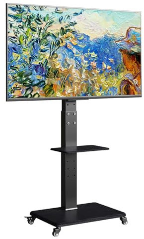 Neothm TV Ständer Rollbar für 32 bis 65 75 Zoll mit Holzablage TV Standfuß schwenkbar Fernsehstand mit Rollen höhenverstellbar Flachbildschirm bis zu 50kg 30° Drehung (schwarz)